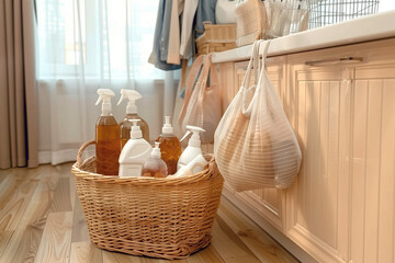 A basket full of cleaning supplies is on a wooden floor