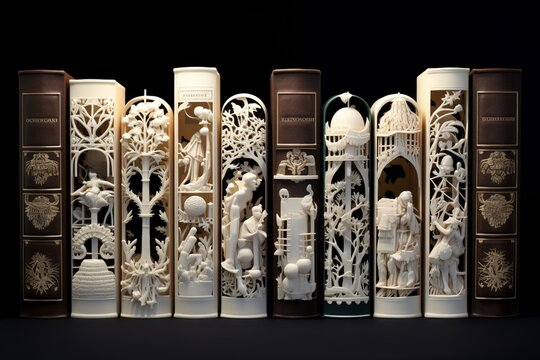 Literary classics bookshelf, famous spines and titles, reading inspiration, papercut style, 3D