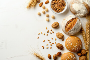 A white background with a variety of breads and nuts