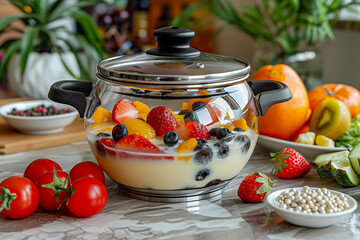 A large glass bowl filled with fruit and milk