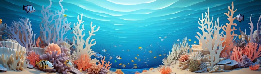 Fototapeta na wymiar Underwater mermaid kingdom, coral palaces, oceanic wonders, submerged royalty, fantasy papercraft, papercut 3D style