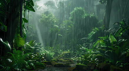 A dense jungle with heavy rain