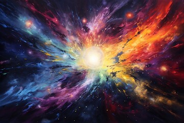 Illustration capturing the fusion of a galaxy with stars, neon bursts, topdown cosmos , oil paint