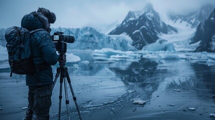 A photographer is taking pictures of icebergs in Antarctica