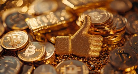 A pile of gold Bitcoin physical coins with thumbs up.