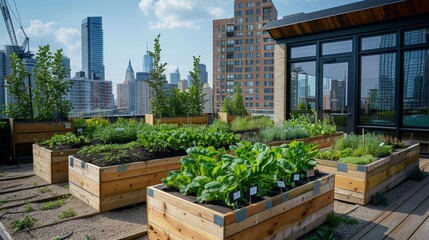 The image shows a rooftop garden with a variety of vegetables and herbs growing in raised beds. The garden is located in an urban area, with tall buildings in the background.