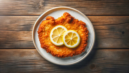 Golden fried schnitzel topped with lemon slices, served on a rustic wooden table.