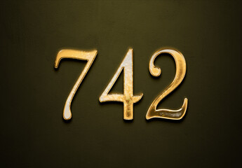 Old gold effect of 742 number with 3D glossy style Mockup.