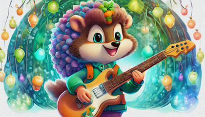 oil painting style CARTOON CHARACTER baby hedgehog Young aspiring musician holding an electric guitar with stage,