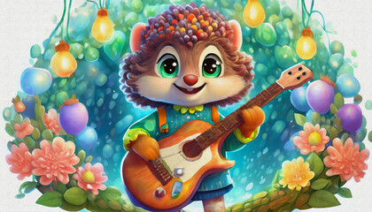 Fototapeta premium oil painting style CARTOON CHARACTER baby hedgehog Young aspiring musician holding an electric guitar with stage,