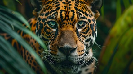 Obraz premium Jaguar Stalking Through the Lush Amazon Rainforest Conservation Researcher Tracking Movements with GPS Tracker