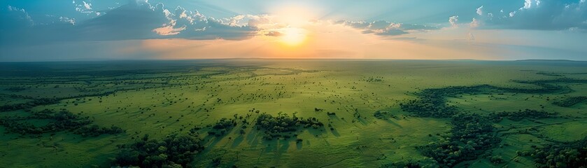 Aerial view of a vast and protected national park with a stunning sunset over the boundless savanna landscape - Powered by Adobe