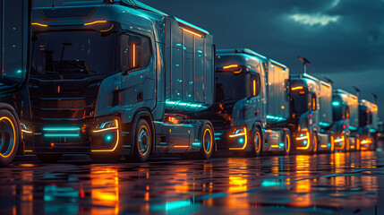 A detailed illustration of a sleek electric truck parked in a row with other vehicles