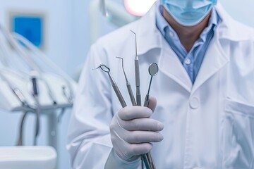 A man in a white lab coat holding a bunch of surgical tools. Generative AI