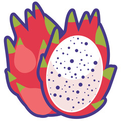 Cartoon white dragon fruit vector illustration, whole and half slice pitaya, pitahaya flat icon design, buah naga putih isolated on white background