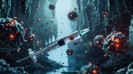 Naklejka premium A dynamic 3D animation showcasing a syringe delivering a powerful virus vaccine, enhancing the futuristic medical research banner, Sharpen banner template with copy space on center