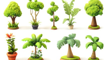 Plant shoot, potted houseplant, tree, grass, 3d cartoon icon set,set of potted little trees with green background,Flowers and plants in pots isolated on white. Set with flowerpots for eco-friendly 
