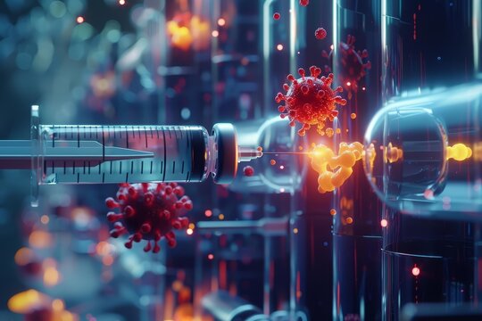 A dynamic 3D animation showcases a syringe delivering a powerful virus vaccine in an advanced pharmaceutical research setting, Sharpen banner template with copy space on center