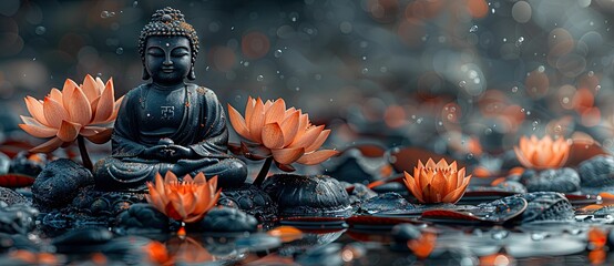 Buddha statue with lotus flower in the pond. The concept of celebrating Vesak