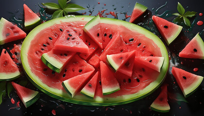 Flat lay of watermelon fruits texture with slice, Top view of fruits concept background