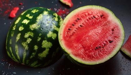 Flat lay of watermelon fruits texture with slice, Top view of fruits concept background