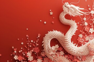 Fototapeta premium A mystical dragon weaves through cherry blossoms against a red backdrop, crafted in a captivating Chinese paper art style for an evocative banner with copy space on center