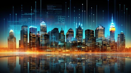 Dynamic cityscape: financial graphs overlay digital screen in business concept

