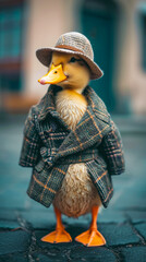 Dapper duck waddles through city streets in stylish attire, embodying street fashion with avian charm.