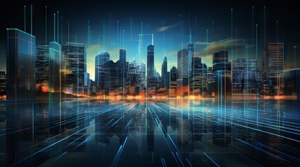 Dynamic cityscape: financial graphs overlay digital screen in business concept

