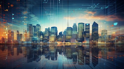 Dynamic cityscape: financial graphs overlay digital screen in business concept

