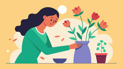 A woman mindfully arranges flowers in a vase admiring the beauty of each individual bloom and appreciating the act of creating.. Vector illustration