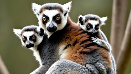 Naklejka premium A Mother Lemur Carrying Her Baby On Her Back The 3