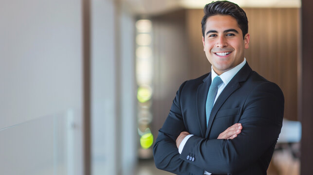 copy space, best job candidate hispanic male, age around 30, indoor business office related background. Succesful hispanic business man. Business concept. Young hispanic man looking for a job.