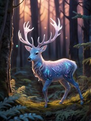 Fantasy deer in the forest at night. 3D illustration.