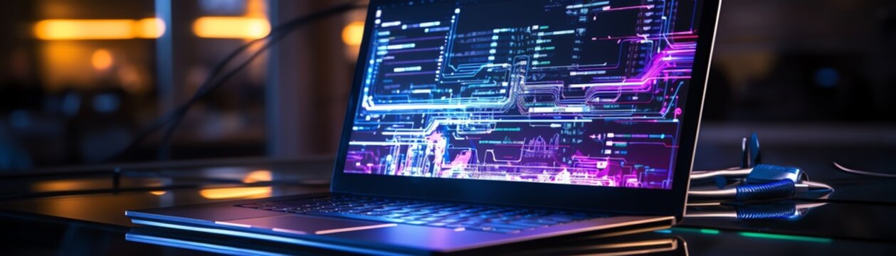 Coding on laptop, crossplatform app interface, software development, tech scene