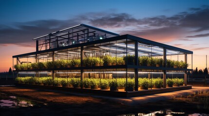 Obraz premium Hydroponics greenhouse, LED lights, 50 agritech, vibrant green, quality produce