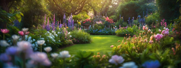 A mesmerizing fairytale garden captured in a digital painting, where every corner is adorned with blooming flowers and verdant greenery, creating a magical backdrop for imagination to flourish.