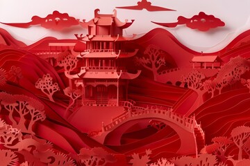 Obraz premium An ancient Chinese landscape unfolds in traditional red paper cuttings, offering a historical glimpse in a culturally rich banner with central copy space