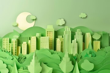 An ecofriendly city thrives in green paper art style, promoting sustainability in a creatively designed banner with copy space on center