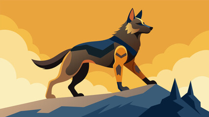 A majestic German Shepherd confidently traversing uneven terrain with the help of powerful bionic limbs.. Vector illustration