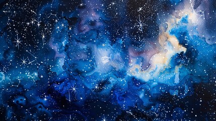 a watercolor painting of space with stars and the Aquarius constellation, beautifully rendered on textured watercolor paper