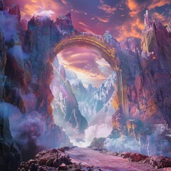Beautiful fantasy landscape unfolds with vibrant colors and dreamlike structures, sparking imagination, Sharpen banner template with copy space on center