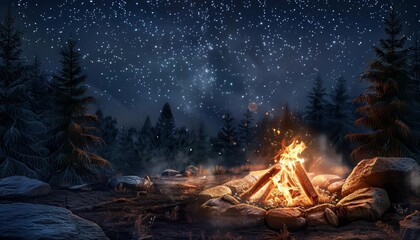Campfire Christmas night landscape glows warmly under a starlit sky, creating a festive and inviting scene, Sharpen banner template with copy space on center