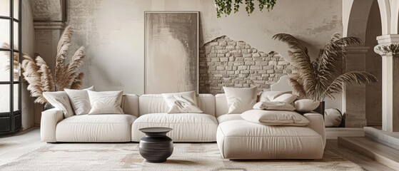 Classic boho sofa interior is elegantly decorated with a 3D mockup frame, adding a sophisticated touch, 3D render sharpen
