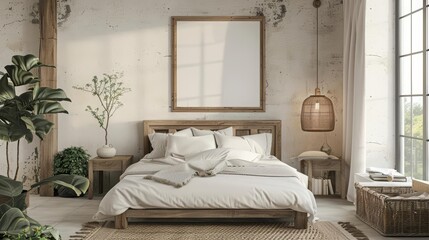 Cozy home vibes are enhanced with a frame mockup situated in a light bedroom rustic interior, providing warmth, 3D render sharpen