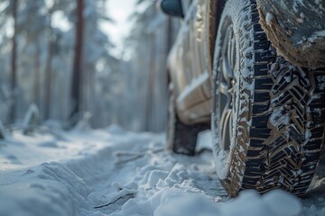Winter tire and snow chain on a snow-covered car wheel. Generative Ai