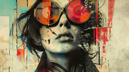 An art collage of a girl with glasses made of vinyl discs. Retro disco.