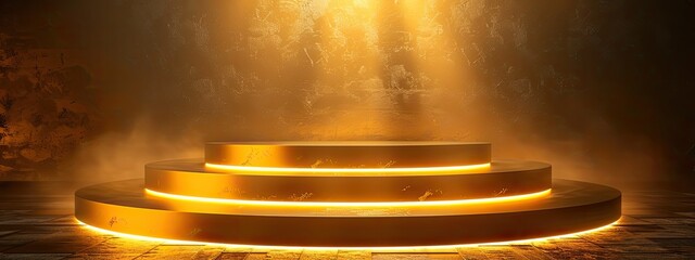 Obraz premium A brightly lit gold illuminated podium. The place for the award.