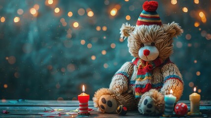 A cute knitted bear and burning candles on a blurred bokeh background.