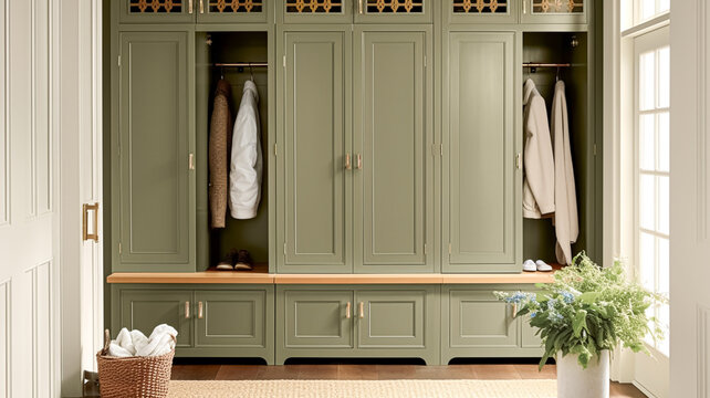 Earthy green cottage dressing room decor, interior design and country house home decor, boot room or walk-in wardrobe furniture, English countryside style interiors